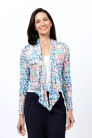 Top Ligne Mixed Directions Cardigan.  Bright abstract geometric design on a white background.  Opne front long sleeve crinkle cardigan.  Cropped length.  Relaxed fit._34842866450632