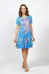 Top Ligne Starry Scene Dress in Blue Multi.  Expressionist-inspired abstract print.  Crew neck short sleeve dress with inset flounce at bottom 3rd.  Ruffle trim at neck and hem.  Raw edges.  Relaxed fit._t_35007957270728