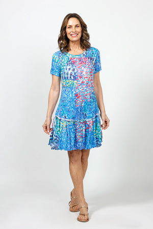 Top Ligne Starry Scene Dress in Blue Multi.  Expressionist-inspired abstract print.  Crew neck short sleeve dress with inset flounce at bottom 3rd.  Ruffle trim at neck and hem.  Raw edges.  Relaxed fit._35007957270728