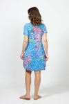 Top Ligne Starry Scene Dress in Blue Multi. Expressionist-inspired abstract print. Crew neck short sleeve dress with inset flounce at bottom 3rd. Ruffle trim at neck and hem. Raw edges. Relaxed fit._t_35007957336264