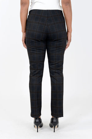 Elliott Lauren Plaid Intentions Ankle Pant in Black Multi. Muted plaid print. Hidden elastic waist pull on pant. Snug through hip, slim to hem. 30" inseam._34452357251272