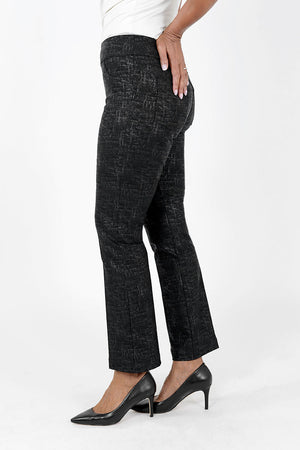 Elliott Lauren Hot Wire Pull On Jean in Black with blue and beige wire foil print. Pull on pant with 3" waistband. 2 front faux pockets. 2 rear patch pockets. Snug through hip, falls straight to hem. 29" inseam._34452595245256