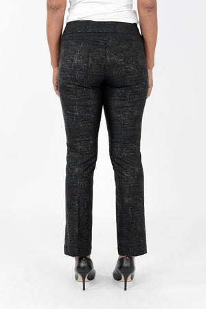 Elliott Lauren Hot Wire Pull On Jean in Black with blue and beige wire foil print. Pull on pant with 3" waistband. 2 front faux pockets. 2 rear patch pockets. Snug through hip, falls straight to hem. 29" inseam._34452595179720