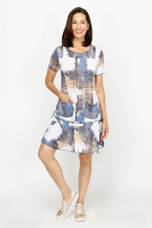 Top Ligne Dinstinct Strokes Crinkle Dress in Multi.  Crew neck short sleeve dress with dropped waist and ruffled flounce at hem.  Side slits.  Relaxed fit._61210381418862