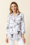 Habitat Perfect Travel Parisian Blouse in White.  Black graffiti and symbols on white.  Pointed collar button down with 3/4 sleeve.  2 front angled slash pockets.  Shirt tail hem.  Relaxed fit._t_59962105397614