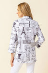 Habitat Perfect Travel Parisian Blouse in White.  Black graffiti and symbols on white.  Pointed collar button down with 3/4 sleeve.  2 front angled slash pockets.  Shirt tail hem.  Relaxed fit._t_59962105430382