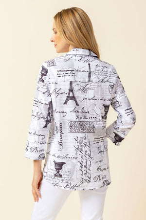 Habitat Perfect Travel Parisian Blouse in White.  Black graffiti and symbols on white.  Pointed collar button down with 3/4 sleeve.  2 front angled slash pockets.  Shirt tail hem.  Relaxed fit._59962105430382