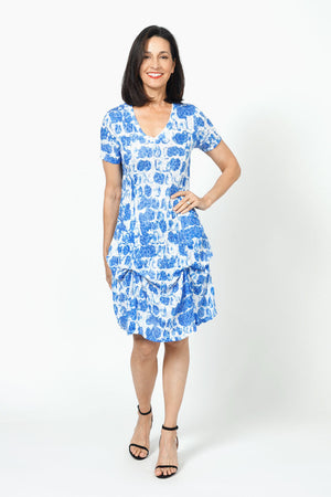 Top Ligne Watercolor Dots Dress in White with blue dots.  V neck short sleeve dress.  Dress has internal ties to create flounce.  Relaxed fit._34619256242376