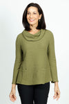 Habitat Cowl Neck Top in Olive.  Rippled horizontal textured stripes.  Cowl neck with long sleeves.  Front patch pockets.  A line shape.  Relaxed fit._t_36027609153736