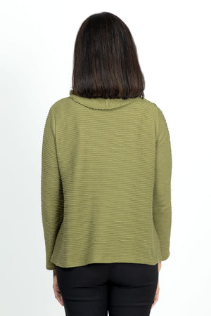 Habitat Cowl Neck Top in Olive. Rippled horizontal textured stripes. Cowl neck with long sleeves. Front patch pockets. A line shape. Relaxed fit._36027609120968