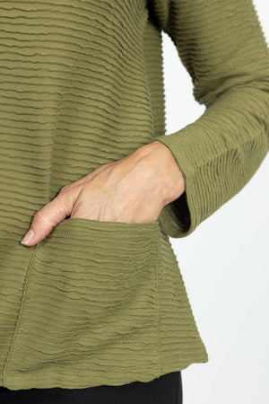 Habitat Cowl Neck Top in Olive. Rippled horizontal textured stripes. Cowl neck with long sleeves. Front patch pockets. A line shape. Relaxed fit._36027609088200