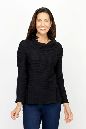 Habitat Cowl Neck Top in Black.  Rippled horizontal textured stripes.  Cowl neck with long sleeves.  Front patch pockets.  A line shape.  Relaxed fit._61210484769134