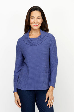 Habitat Cowl Neck Top in Midnight.  Rippled horizontal textured stripes.  Cowl neck with long sleeves.  Front patch pockets.  A line shape.  Relaxed fit._61210484801902