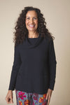 Habitat Cowl Neck Top in Black. Rippled horizontal textured stripes. Cowl neck with long sleeves. Front patch pockets. A line shape. Relaxed fit._t_36027619180744