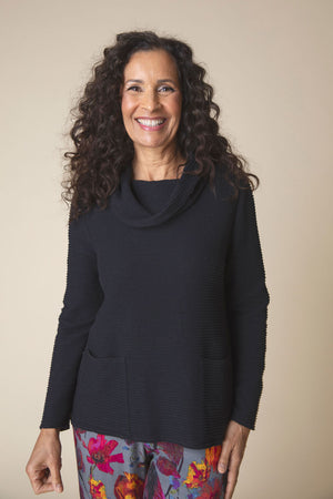 Habitat Cowl Neck Top in Black. Rippled horizontal textured stripes. Cowl neck with long sleeves. Front patch pockets. A line shape. Relaxed fit._36027619180744