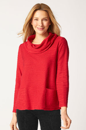 Habitat Cowl Neck Top in Ruby.  Rippled horizontal textured stripes.  Cowl neck with long sleeves.  Front patch pockets.  A line shape.  Relaxed fit._61376180224366