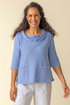 Habitat Ripple Hudson 2 Pocket Top in Rain blue.  Soft rippled horizontal pleating.  Cowl neck, elbow sleeve top with 2 front patch pockets.  Relaxed fit._t_59962180174190