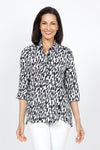 Beau Chemise Paint Strokes Tulip Hem Blouse in Black and White. Pointed collar popover with 5 button placket. Tulip hem in front with 3 button trim on each side. 3/4 sleeve. Relaxed fit._t_35322927349960