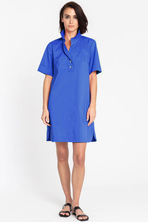 HInson Wu Aileen Short Sleeve Button Back Dress in Electric Blue. Crisp pullover dress with pointed collar and v neck with 2 button placket. Short cuffed sleeve. 2 side seam pockets. Buttons down center back. A line shape. Relaxed fit._35010419818696