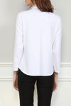 Hinson Wu jamie T Shirt Blouse in White. Pointed collar button down with 3/4 sleeve. Hybrid fabrications: stretch poplin front and side panels. Stretch knit jersey sleeves and back. Shirt tail hem. Classic fit._t_34826927014088