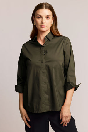 HInson Wu Xena Snap Front Blouse in Oregano .  Pointed collar snap front blouse with covered  placket.   3/4 sleeve with split cuff.  Functional gold zipper up center back.  Relaxed fit._61472514179438