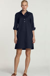 Hinson Wu Aileen Dress in Navy.  Popover dress with 3 button placket.  3/4 sleeve with split button cuff.  Buttons down center back.  Relaxed fit._t_34981449629896
