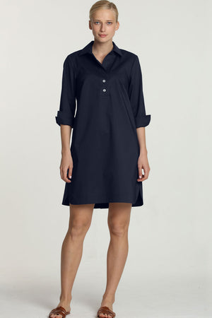 Hinson Wu Aileen Dress in Navy.  Popover dress with 3 button placket.  3/4 sleeve with split button cuff.  Buttons down center back.  Relaxed fit._34981449629896