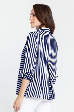 Hinson Wu Xena Striped Zip Back Blouse in Navy/White stripes. Pointed collar button down with covered button placket. 3/4 sleeve with turn back checked cuff. Zip back with gold tone zipper and inverted back pleat lined in check. Relaxed fit._34993539547336