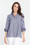 Hinson Wu Xena Striped Zip Back Blouse in Navy/White stripes.  Pointed collar button down with covered button placket.  3/4 sleeve with turn back checked cuff.  Zip back with  gold tone zipper and inverted back pleat lined in check.  Relaxed fit._t_34993539350728