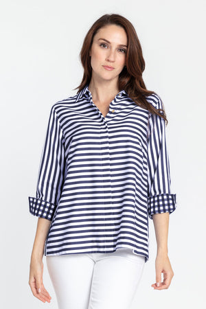 Hinson Wu Xena Striped Zip Back Blouse in Navy/White stripes.  Pointed collar button down with covered button placket.  3/4 sleeve with turn back checked cuff.  Zip back with  gold tone zipper and inverted back pleat lined in check.  Relaxed fit._34993539350728