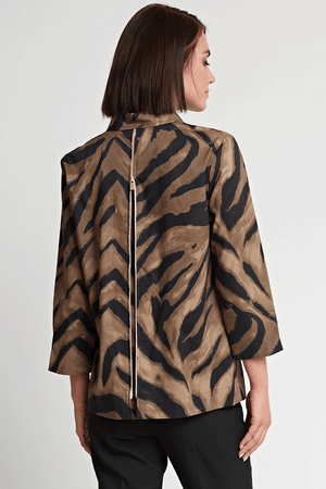 Hinson Wu Xena Zebra Zip Back Blouse in camel and black. Pointed collar with hidden button placket and single gold button at neck. 3/4 sleeve. Gold functional zipper on center back. Relaxed fit._34452854538440