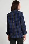 Hinson Wu Xena Check Zip Back Blouse in Sapphire and Black check. Pointed collar button down with hidden button placket and single exposed gold button at neck. 3/4 sleeve with split turn back cuff lined in stripe. Functional gold zipper up center back unzips to reveal striped lining. Relaxed fit._t_34453192540360
