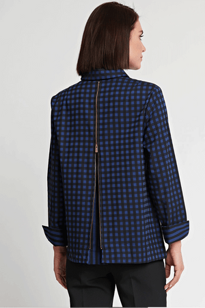 Hinson Wu Xena Check Zip Back Blouse in Sapphire and Black check. Pointed collar button down with hidden button placket and single exposed gold button at neck. 3/4 sleeve with split turn back cuff lined in stripe. Functional gold zipper up center back unzips to reveal striped lining. Relaxed fit._34453192540360