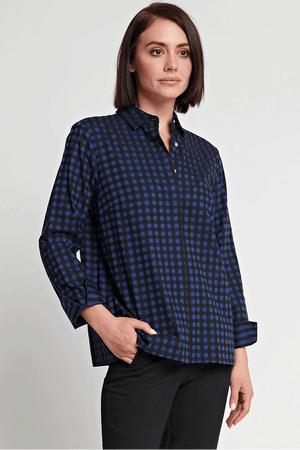 Hinson Wu Xena Check Zip Back Blouse in Sapphire and Black check.  Pointed collar button down with hidden button placket and single exposed gold button at neck.  3/4 sleeve with split turn back cuff lined in stripe.  Functional gold zipper up center back unzips to reveal striped lining.  Relaxed fit._34453192573128