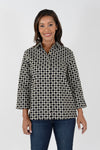 Hinson Wu Xena Geometric Zip Back Blouse in Black/Khaki.  Pointed collar button down with hidden button placket and single gold exposed button at neck.  3/4 sleeves.  Gold zipper up center back unzips to reveal a reverse color print lining.  A line shape.  Relaxed fit._t_34461017538760