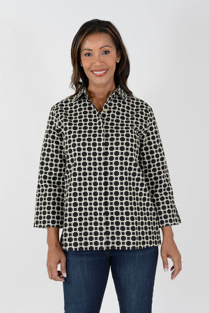 Hinson Wu Xena Geometric Zip Back Blouse in Black/Khaki.  Pointed collar button down with hidden button placket and single gold exposed button at neck.  3/4 sleeves.  Gold zipper up center back unzips to reveal a reverse color print lining.  A line shape.  Relaxed fit._34461017538760