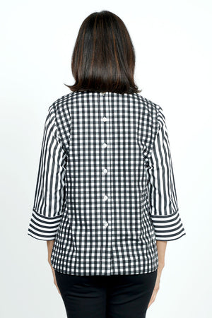 Hinson Wu Aileen Button Back Stripe/Check Blouse inBlack/White.  Pointed collar popover with 2 button placket.  Horizontal stripes on front, gingham check on back.   3/4 sleeve with split roll back cuff.  Center back buttons. Relaxed fit._36303002534088