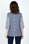 Hinson Wu Aileen Button Back Stripe/Check Blouse in Navy/White.  Pointed collar popover with 2 button placket.  Horizontal stripes on front, gingham check on back.   3/4 sleeve with split roll back cuff.  Center back buttons. Relaxed fit._t_59519385567598