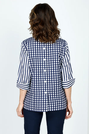 Hinson Wu Aileen Button Back Stripe/Check Blouse in Navy/White.  Pointed collar popover with 2 button placket.  Horizontal stripes on front, gingham check on back.   3/4 sleeve with split roll back cuff.  Center back buttons. Relaxed fit._59519385567598