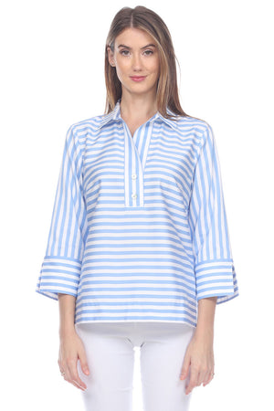 Hinson Wu Aileen Button Back Stripe/Check Blouse in Blue/White.  Pointed collar popover with 2 button placket.  Horizontal stripes on front, gingham check on back.   3/4 sleeve with split roll back cuff.  Center back buttons. Relaxed fit._60782293582190