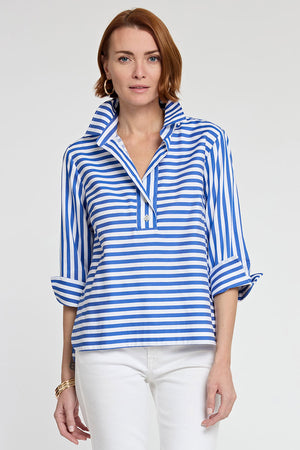 Hinson Wu Aileen Button Back Stripe/Check Blouse in Electric Blue/White.  Pointed collar popover with 2 button placket.  Horizontal stripes on front, gingham check on back.   3/4 sleeve with split roll back cuff.  Center back buttons. Relaxed fit._34981500453064