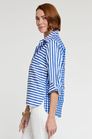 Hinson Wu Aileen Button Back Stripe/Check Blouse in Electric Blue/White. Pointed collar popover with 2 button placket. Horizontal stripes on front, gingham check on back. 3/4 sleeve with split roll back cuff. Center back buttons. Relaxed fit._34981499568328