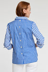 Hinson Wu Aileen Button Back Stripe/Check Blouse in Electric Blue/White. Pointed collar popover with 2 button placket. Horizontal stripes on front, gingham check on back. 3/4 sleeve with split roll back cuff. Center back buttons. Relaxed fit._t_34981499437256