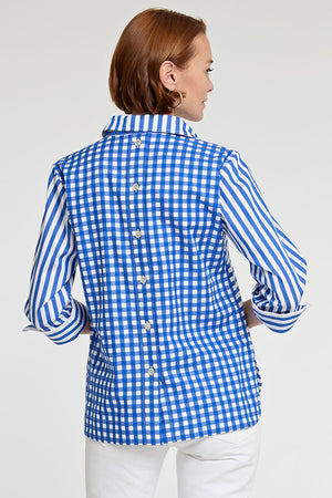 Hinson Wu Aileen Button Back Stripe/Check Blouse in Electric Blue/White. Pointed collar popover with 2 button placket. Horizontal stripes on front, gingham check on back. 3/4 sleeve with split roll back cuff. Center back buttons. Relaxed fit._34981499437256