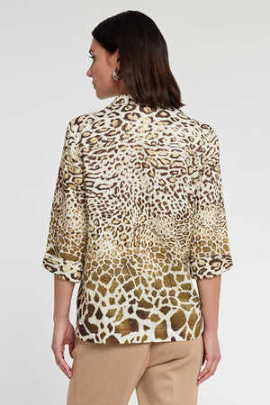 Hinson Wu Charlie Blouse in Multi. Animal print button down with spread collar. Elbow length sleeve with turn back split cuff. Separate tie can be used at waist to create a cinched effect. Relaxed fit._34998354182344