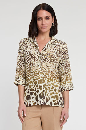 Hinson Wu Charlie Blouse in Multi.  Animal print button down with spread collar.  Elbow length sleeve with turn back split cuff.  Separate tie can be used at waist to create a cinched effect.  Relaxed fit._34998354149576