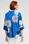 Hinson Wu Xena Vintage Floral Zip Back Blouse in Electric Blue. Black and white retro print on an electric blue background. Pointed collar button down with covered button placket. 3/4 sleeve with turn back split cuff. Gold one zipper down center back. Relaxed fit._t_34981543641288