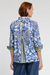 Hinson Wu Xena Damask Zip Back Blouse in Multi. Electric blue and gold scroll print on an off white background. Pointed collar button down with covered button placket and 1 exposed gold button. 3/4 sleeve with split cuff reverses to stripe and scroll print. Gold tone zipper in back unzips to reveal striped inverted pleat. Relaxed fit._t_34998442131656