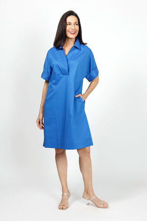 Hinson Wu Cindy Elbow Sleeve Dress in Electric Blue.  Pointed collar open v placket popover dress.  Dolman elbow length sleeve with cuff.  3 button detail at back neck. Relaxed fit._34999778967752