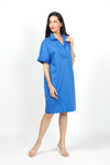 Hinson Wu Cindy Elbow Sleeve Dress in Electric Blue. Pointed collar open v placket popover dress. Dolman elbow length sleeve with cuff. 3 button detail at back neck. Relaxed fit._t_34999778934984